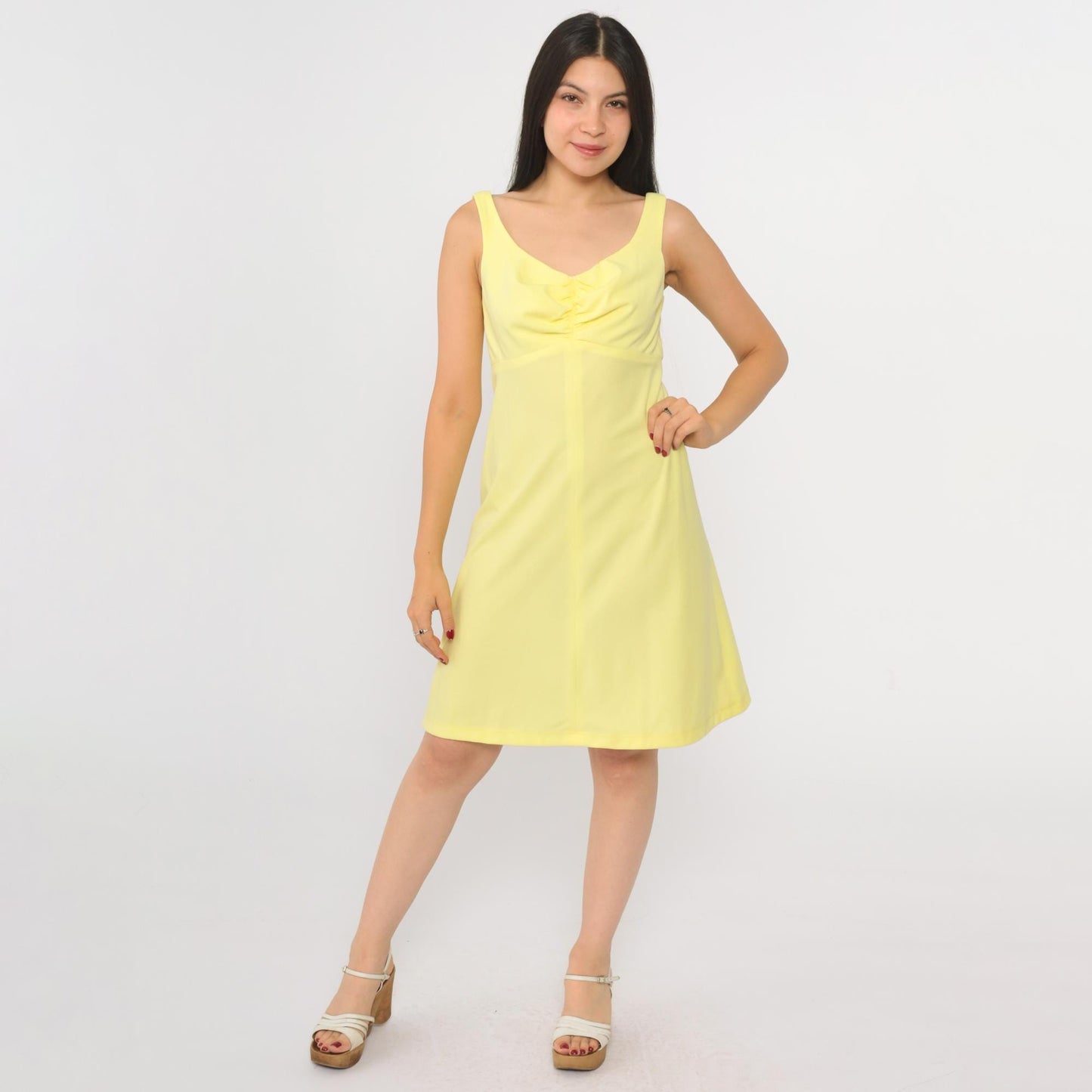 70s Yellow Babydoll Mini Dress Empire Waist Scoop Neck Sleeveless Small
