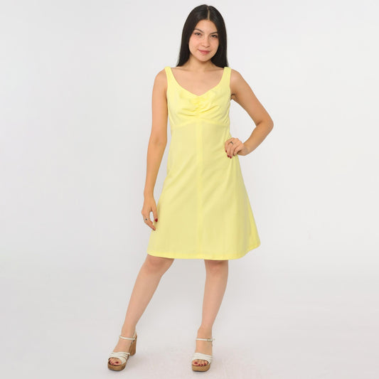 70s Yellow Babydoll Mini Dress Empire Waist Scoop Neck Sleeveless Small