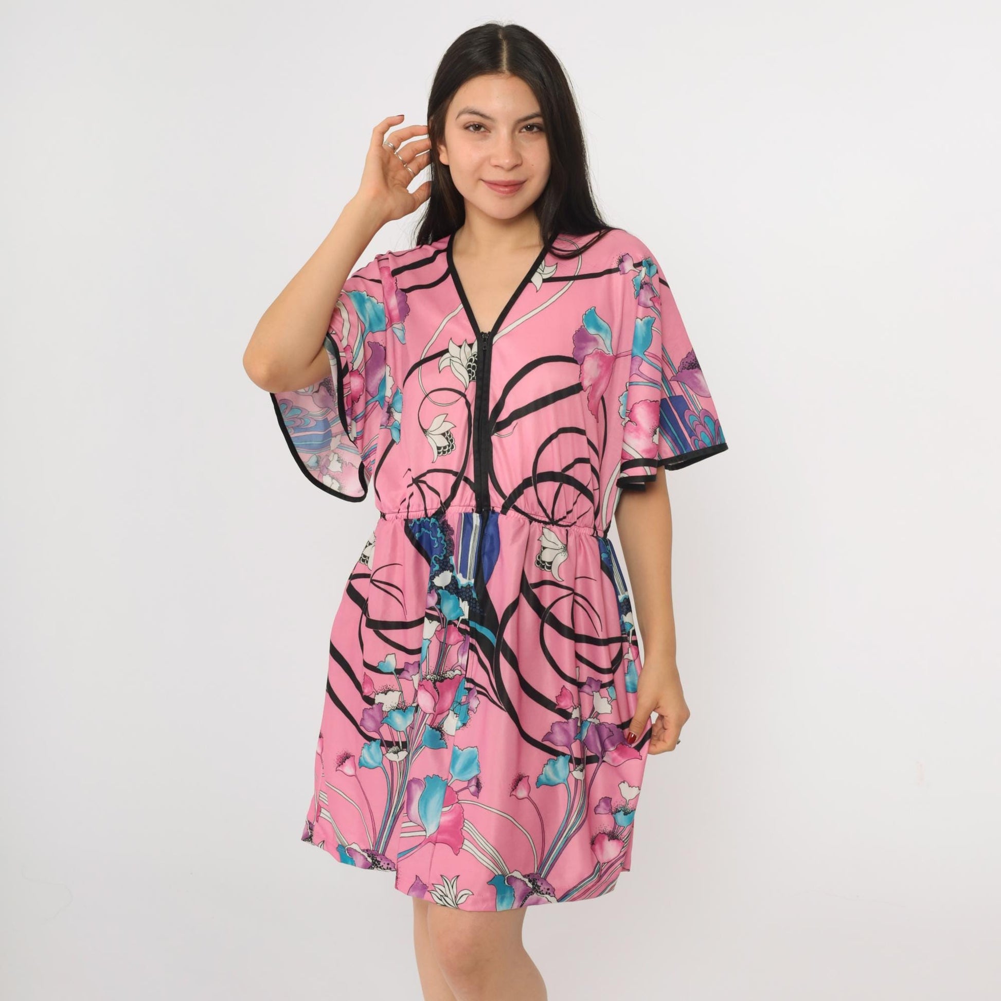 70s Pink Floral Mini Dress V Neck Flutter Sleeve High Waist Zip Front Medium