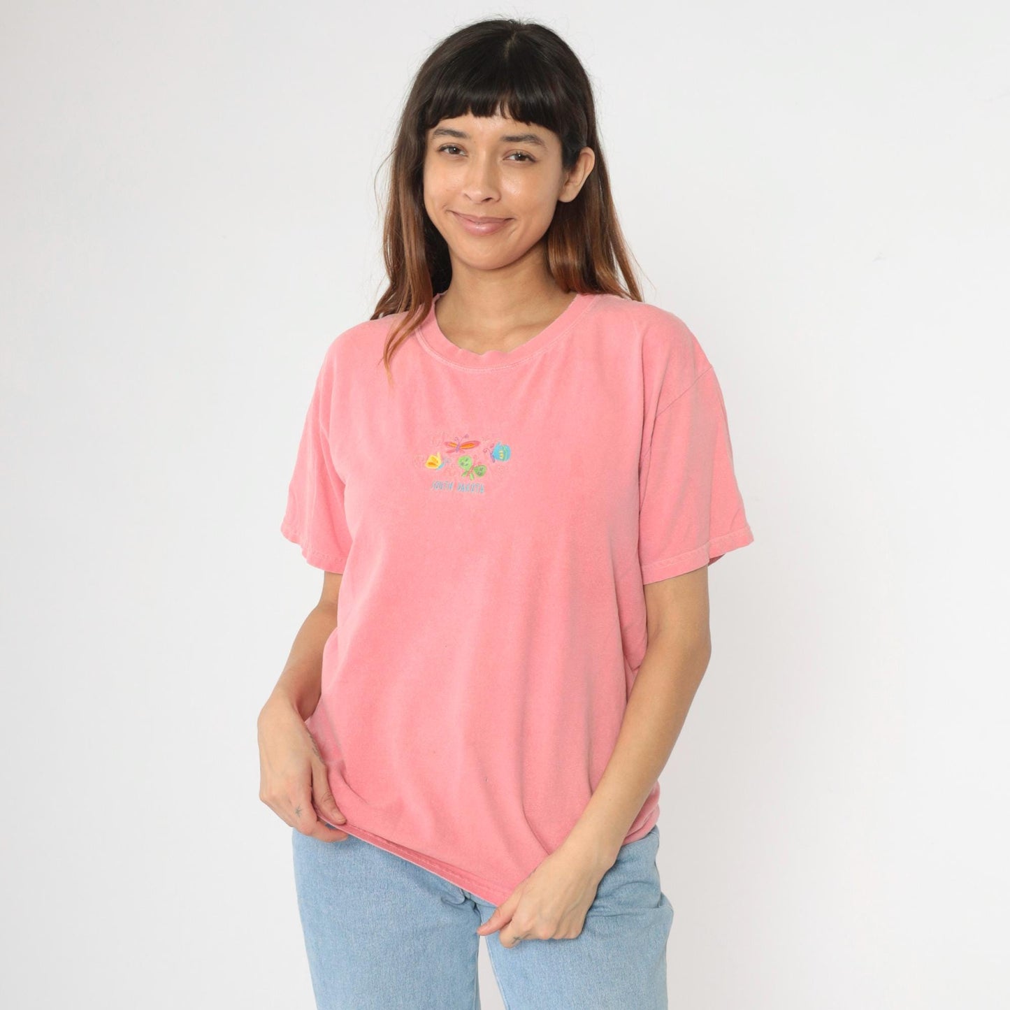 Y2K South Dakota Butterfly Embroidered Pink Graphic Tee Cotton Medium