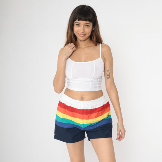 80s Catalina Rainbow Striped Swim Trunks White Colour Block Shorts Small