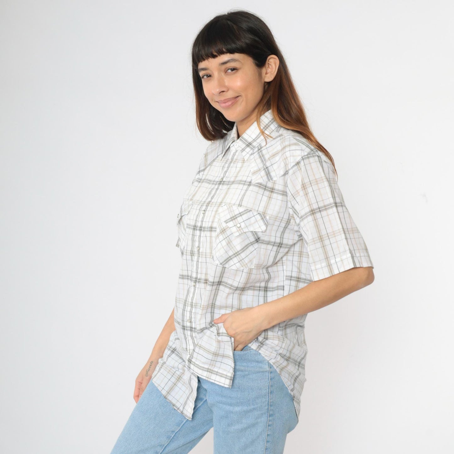 90s Plains Westernwear Pearl Snap Shirt White Plaid Short Sleeve Men's Medium