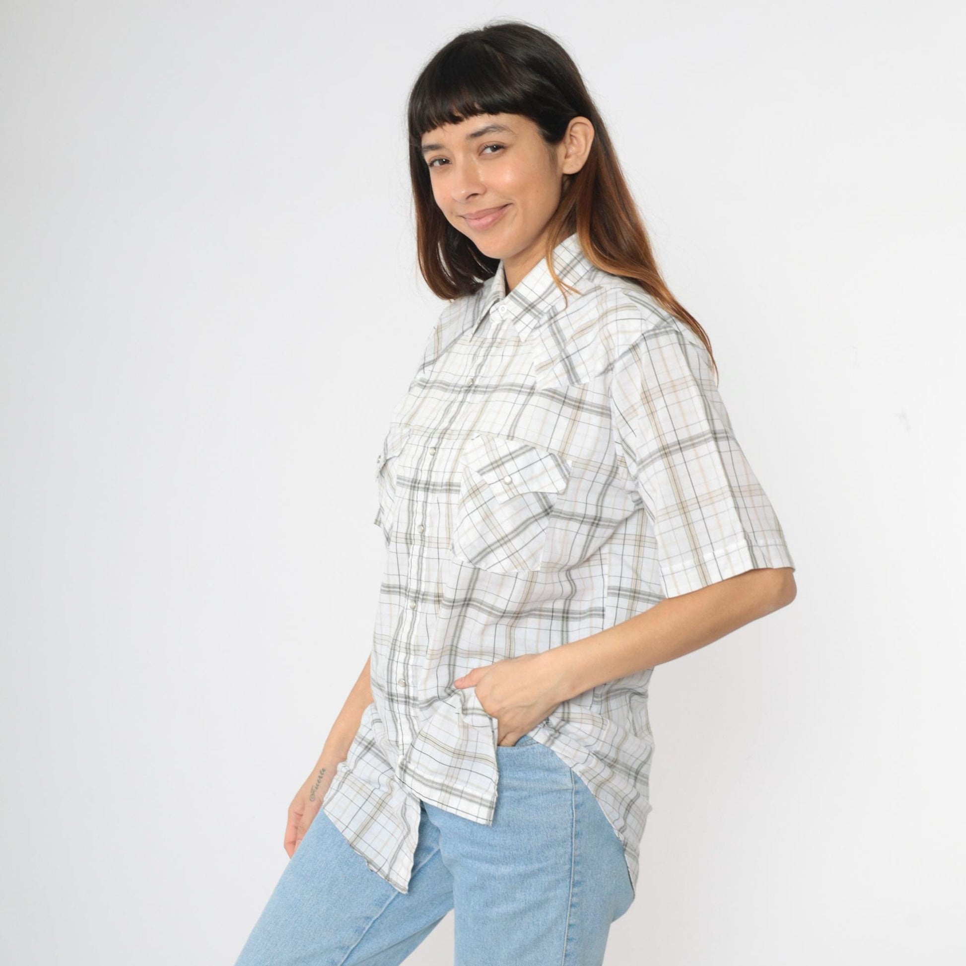 90s Plains Westernwear Pearl Snap Shirt White Plaid Short Sleeve Men's Medium