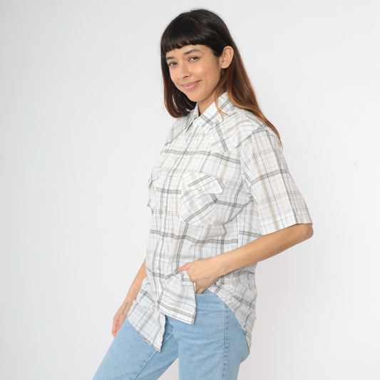 90s Plains Westernwear Pearl Snap Shirt White Plaid Short Sleeve Men's Medium