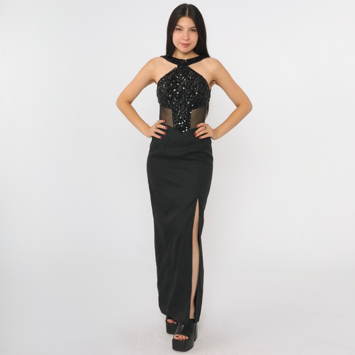 90s Black Sequin Halter Evening Gown Open Back High Slit Mesh Inset Extra Small