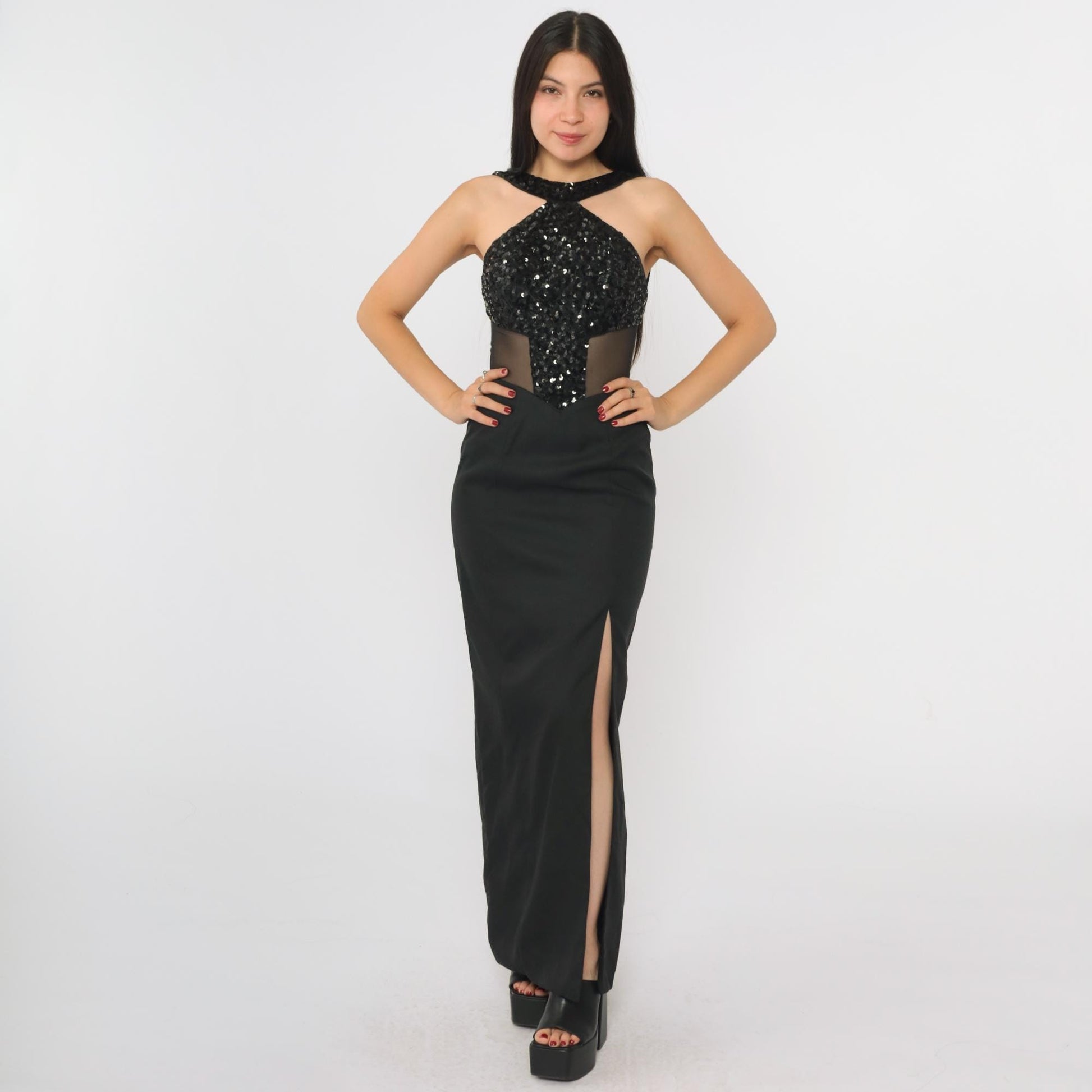 90s Black Sequin Halter Evening Gown Open Back High Slit Mesh Inset Extra Small