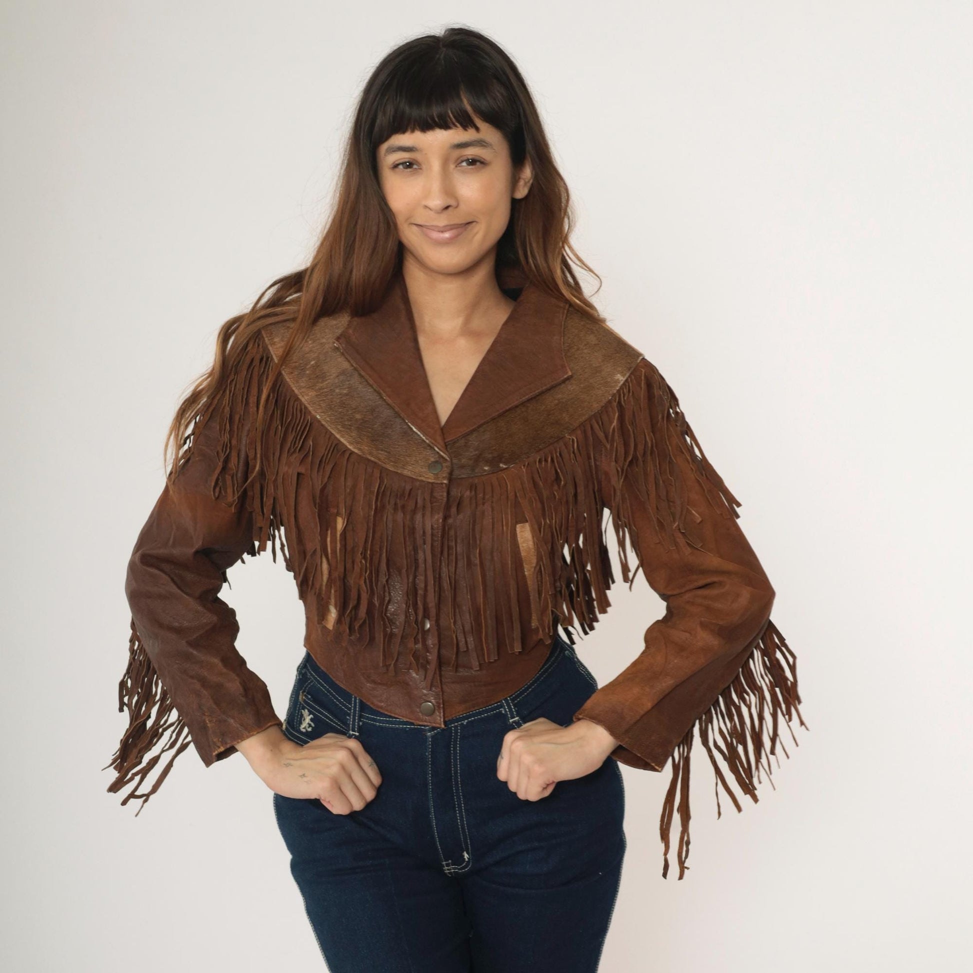 1970s Leather Fringe Jacket Brown Cowhide Eagle Yoke Western Snap Extra Small