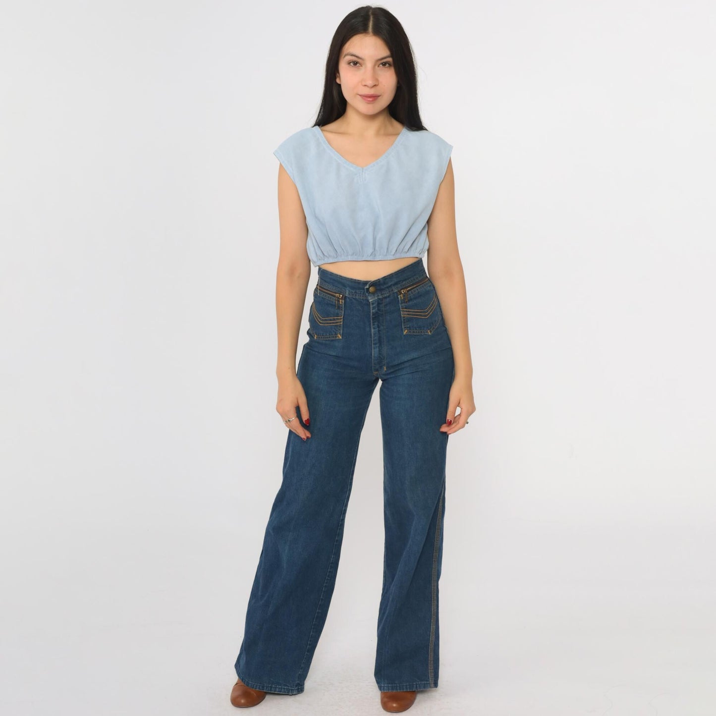 80s Light Blue Crop Top V-Neck Cap Sleeve Small