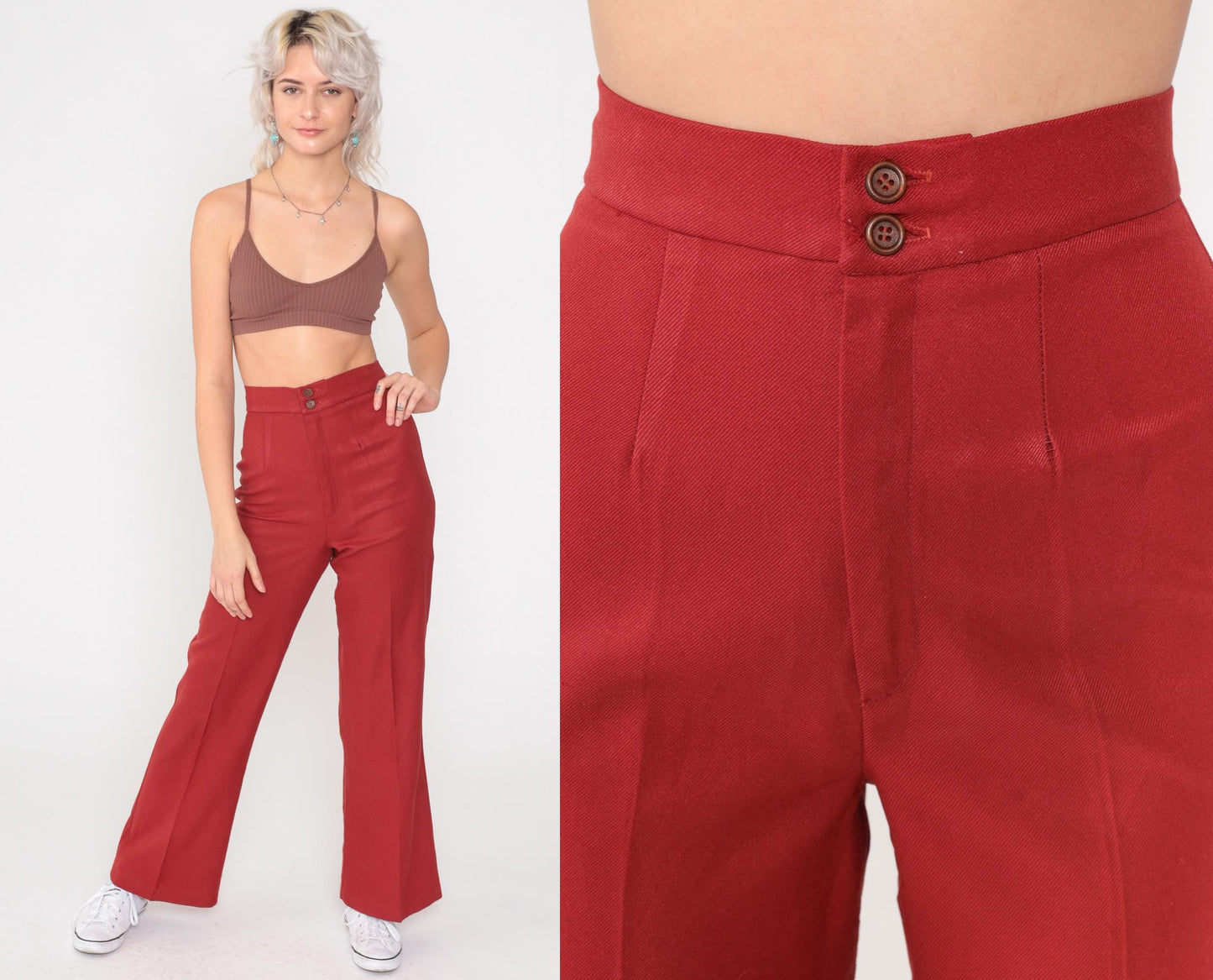 70s Red High-Waisted Flared Trousers Creased Leg Vintage Extra Small
