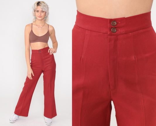 70s Red High-Waisted Flared Trousers Creased Leg Vintage Extra Small