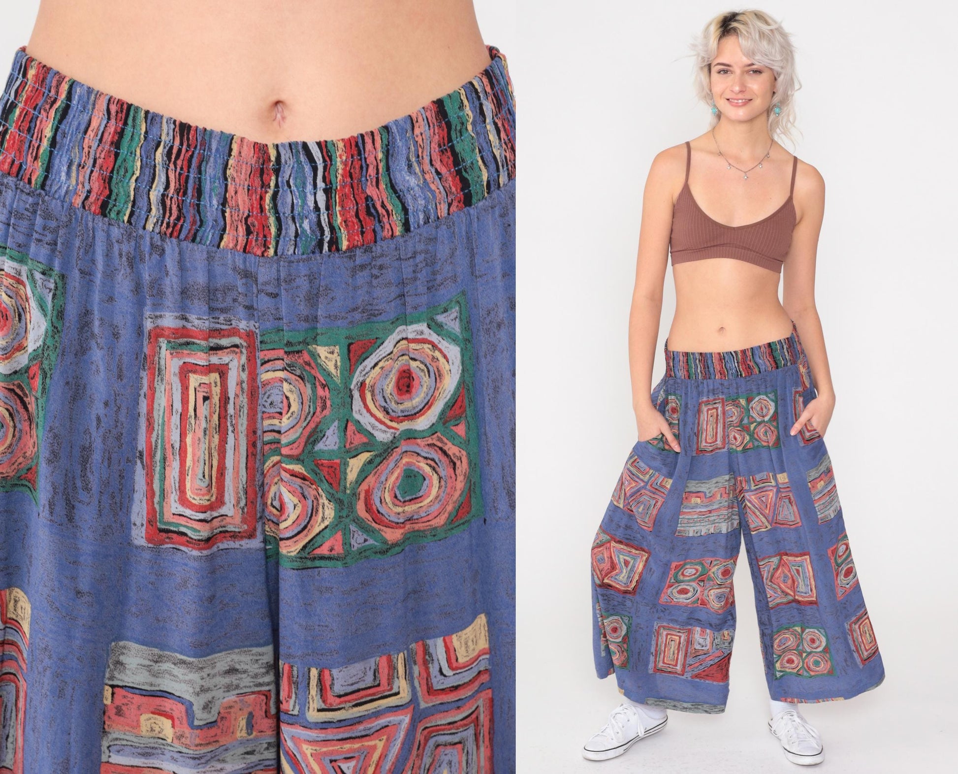 90s Christina James Wide Leg Pants Blue Geometric Patchwork High Waist Small
