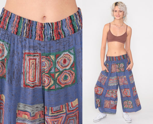 90s Christina James Wide Leg Pants Blue Geometric Patchwork High Waist Small