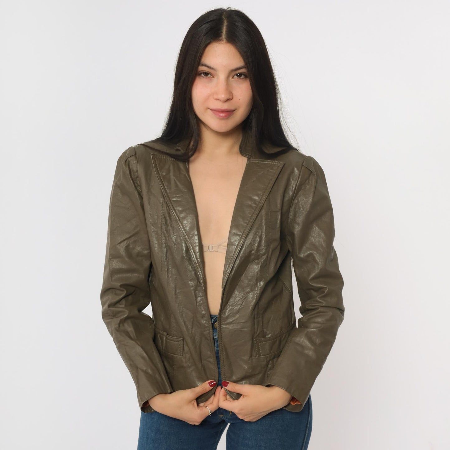 80s Carlisle Couture Brown Leather Blazer Puff Sleeve Open Front Small
