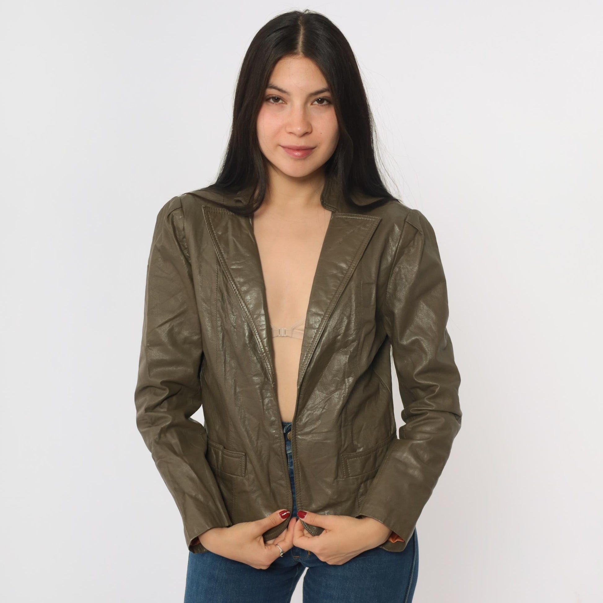 80s Carlisle Couture Brown Leather Blazer Puff Sleeve Open Front Small