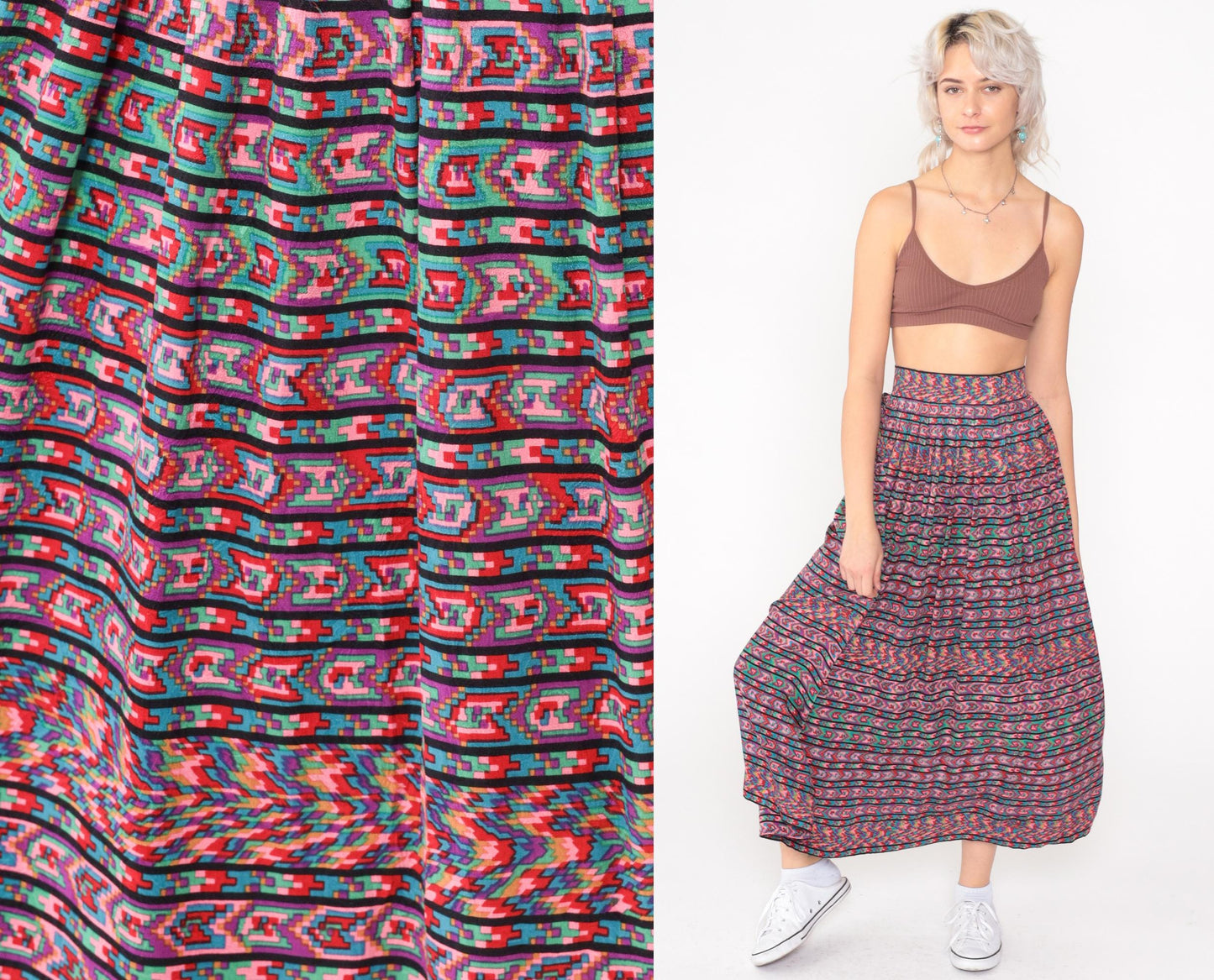 80s Oscar de la Renta Silk Midi Skirt Geometric Print Multicolor High Waist Extra Small