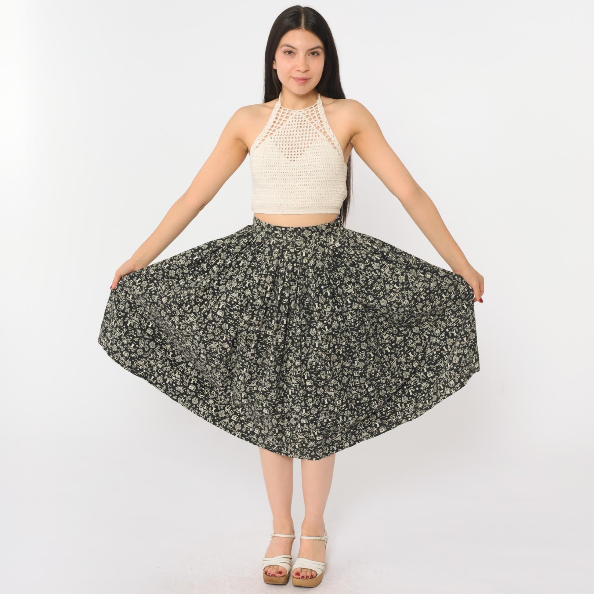 1960s Austrian Folk Circle Skirt Black Cotton Cream Tyrolean Print XS