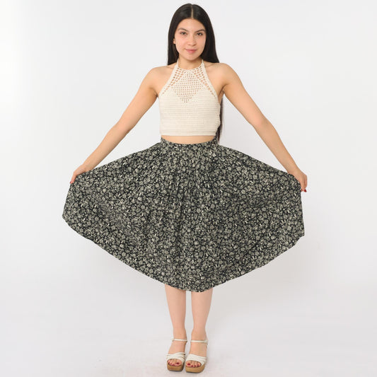 1960s Austrian Folk Circle Skirt Black Cotton Cream Tyrolean Print XS