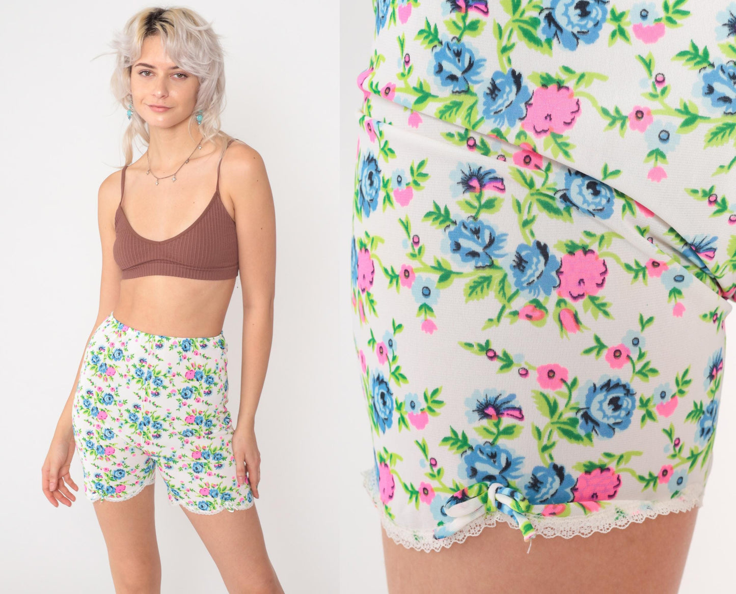70s Deena Fine Lingerie Floral Bike Shorts White Nylon Lace Trim XS