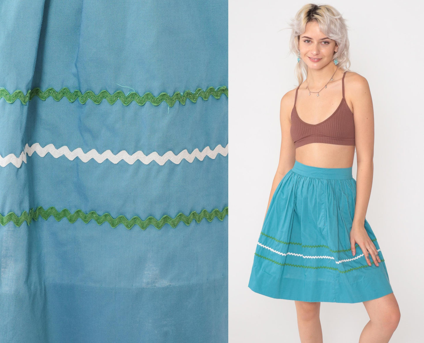 1950s Turquoise High-Waist Mini Skirt Rickrack Trim Full Circle XXS