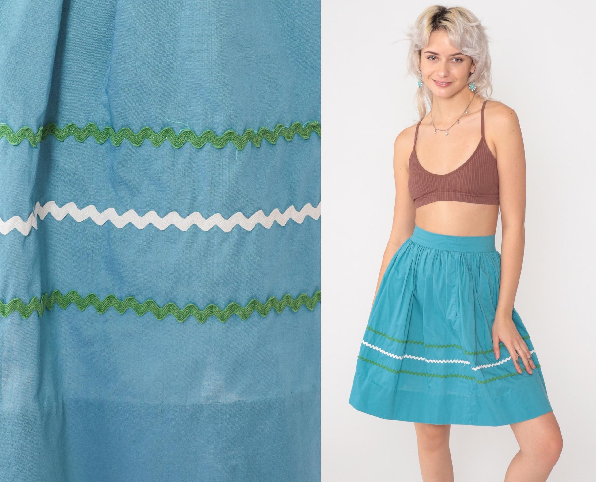 1950s Turquoise High-Waist Mini Skirt Rickrack Trim Full Circle XXS