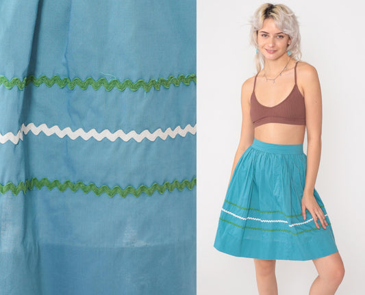 1950s Turquoise High-Waist Mini Skirt Rickrack Trim Full Circle XXS