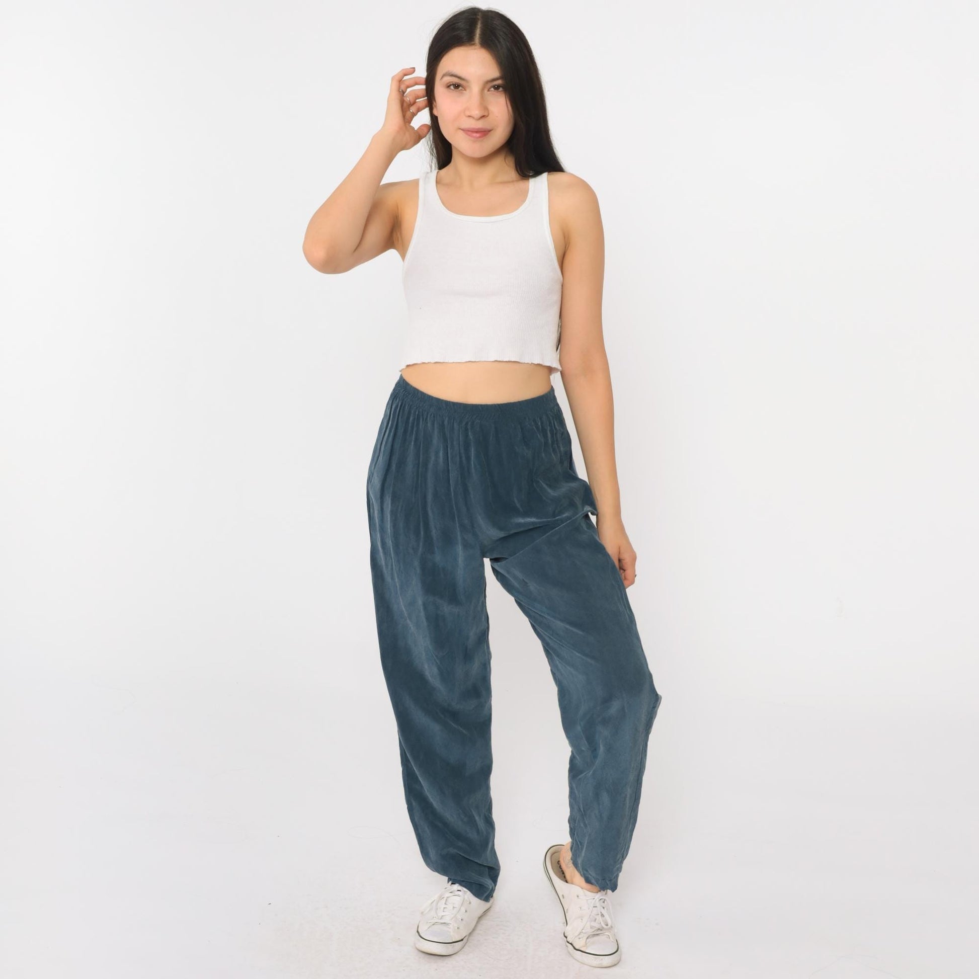 90s Nina Piccalino Blue Rayon High-Waist Tapered Trousers Medium 8