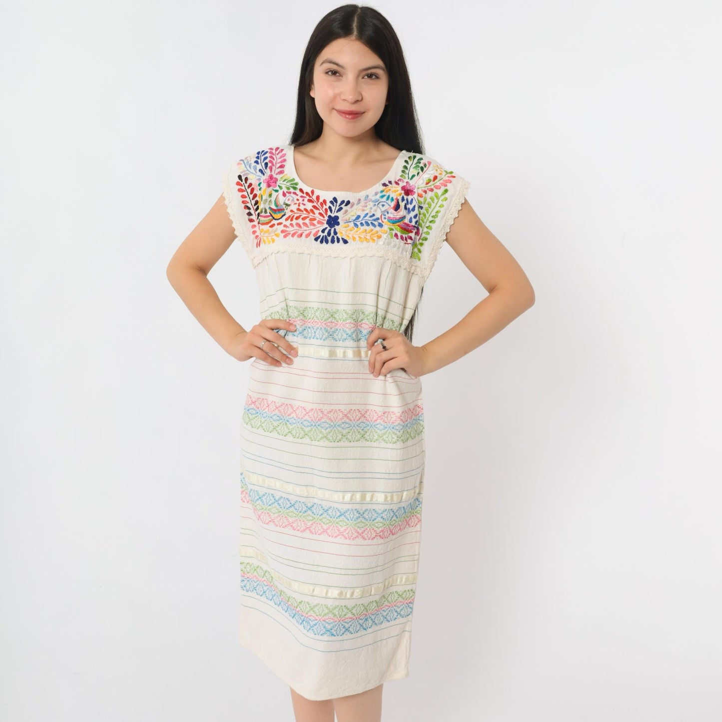 90s Mexican Embroidered Cotton Midi Dress Off-White Floral Bird Small S