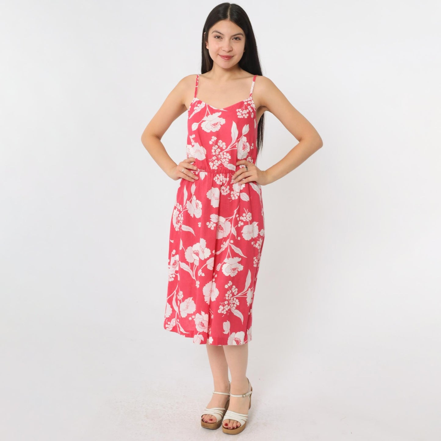 80s Pink Floral Midi Sundress High Waist Sweetheart Neckline Spaghetti Strap Small