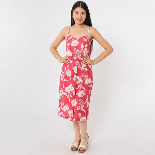 80s Pink Floral Midi Sundress High Waist Sweetheart Neckline Spaghetti Strap Small