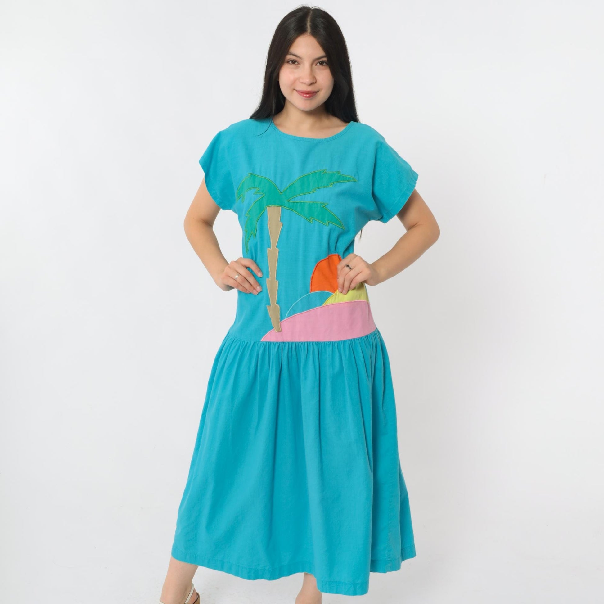 80s Turquoise Tropical Palm Tree Midi Dress Keyhole Back Drop Waist Small