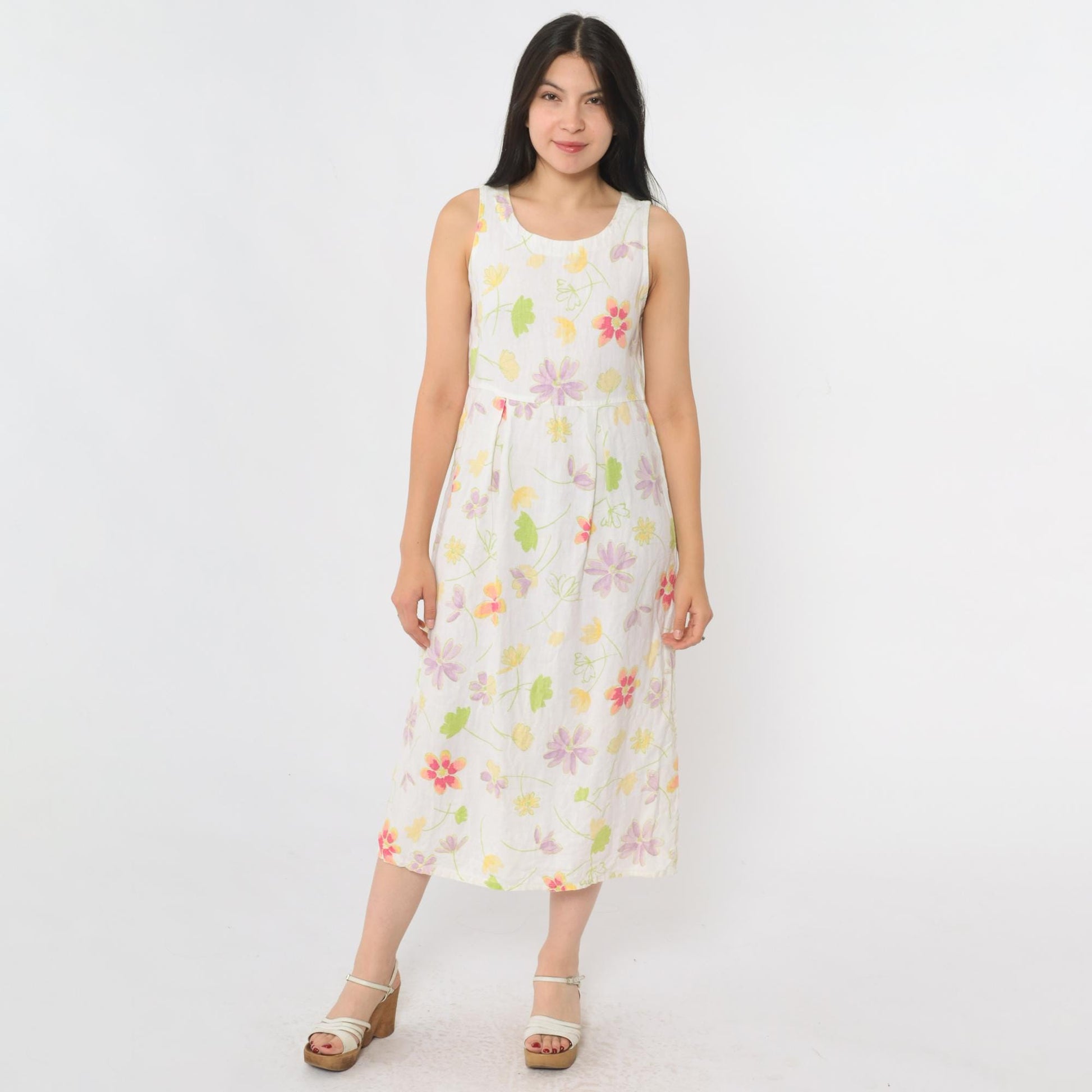 90s White Floral Linen Midi Dress Sleeveless High Waist Small 4