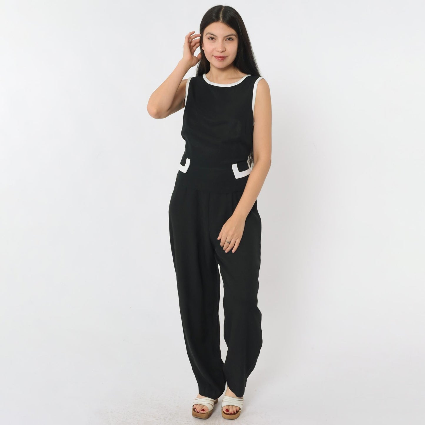 90s Black Jumpsuit White Ringer Trim Sleeveless Straight Leg Medium