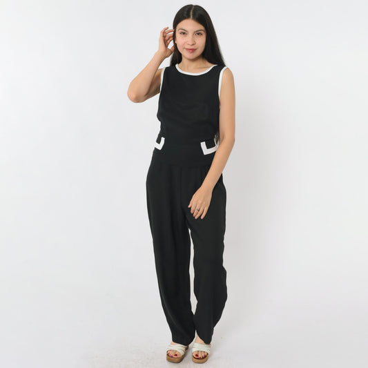 90s Black Jumpsuit White Ringer Trim Sleeveless Straight Leg Medium