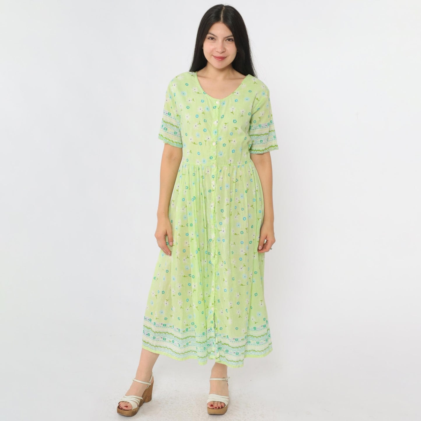 90s La Cera Lime Green Floral Midi Dress Cotton Button-Up High Waist Large