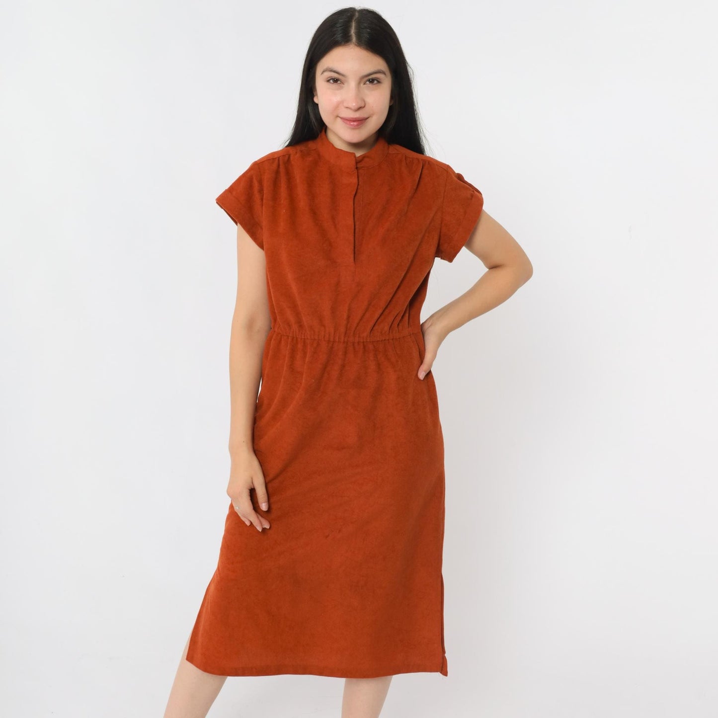 70s Rust Orange Velour Midi Dress High Waist Cap Sleeve Medium