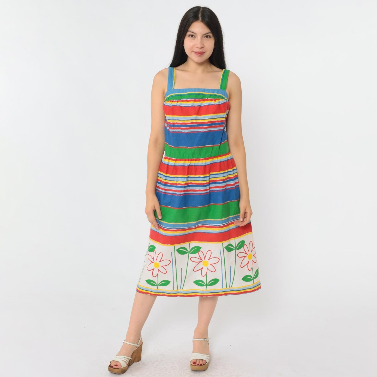 70s Striped Floral Midi Dress High Waist Smocked Back Sleeveless Small Medium
