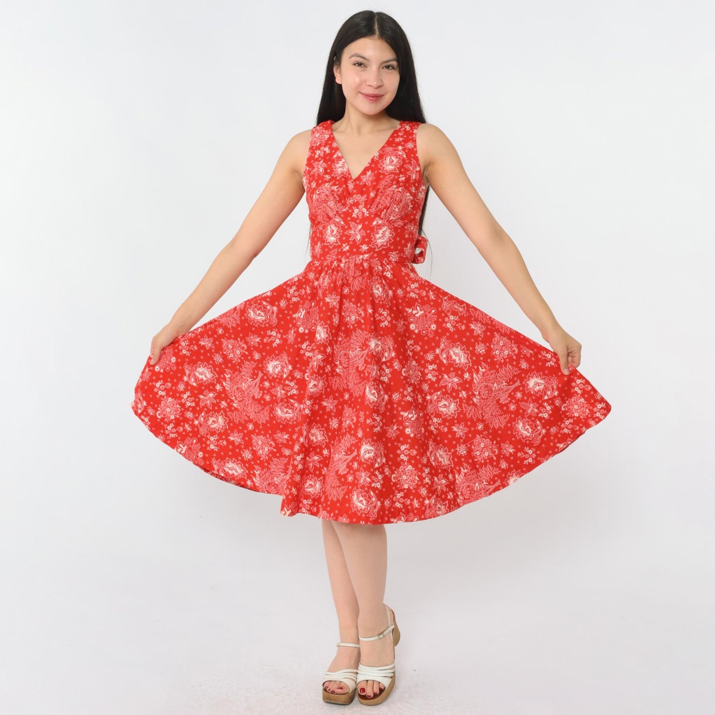 70s Red Floral Bird Print Sleeveless Dress High Waist V Neck Extra Small