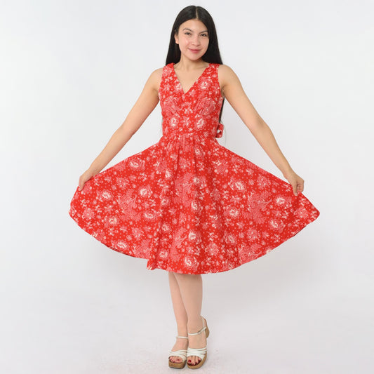 70s Red Floral Bird Print Sleeveless Dress High Waist V Neck Extra Small