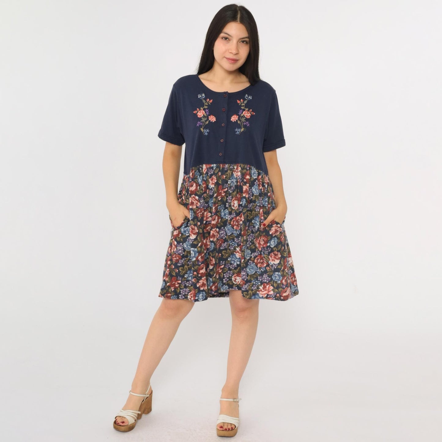 90s Sweetbriar Navy Floral Mini Dress Button Up Embroidered Medium M