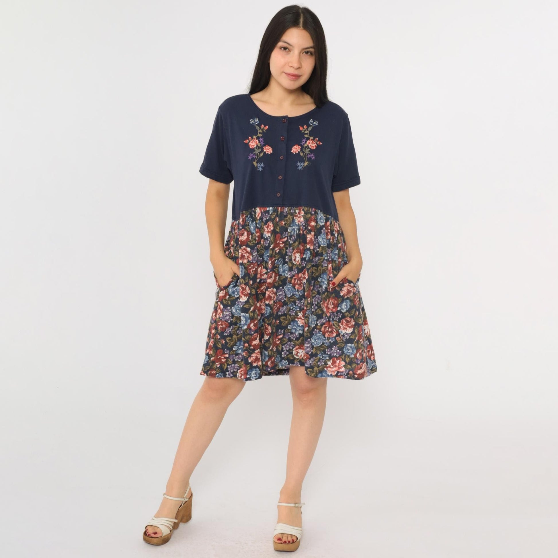 90s Sweetbriar Navy Floral Mini Dress Button Up Embroidered Medium M