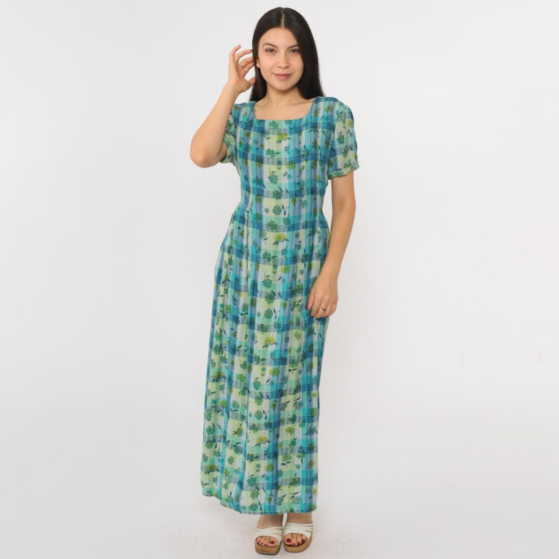 90s Sarah Elizabeth Checkered Floral Maxi Dress Blue Green Short Sleeve Medium