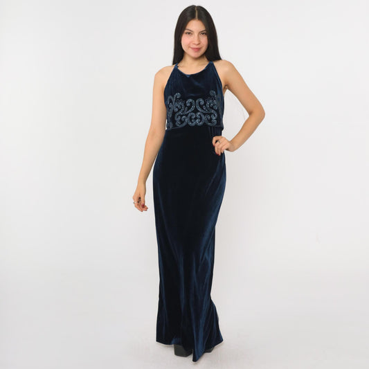 90s Blue Velvet Maxi Dress Spaghetti Strap Glitter Soutache Medium