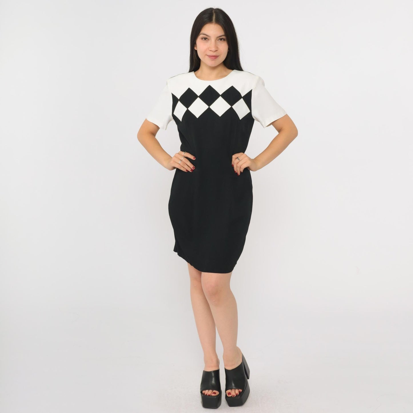 90s Black White Checkered Color Block Shift Minidress Small 4