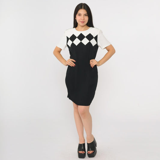 90s Black White Checkered Color Block Shift Minidress Small 4
