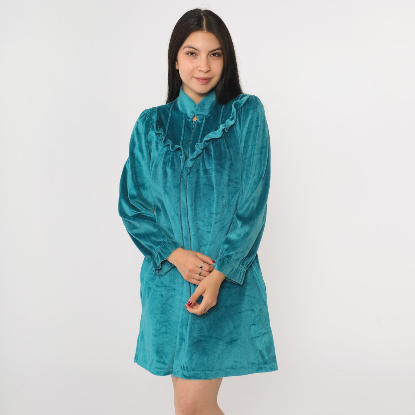 80s Lara Dee Velour Lounge Dress Teal Ruffled Yoke Zip Puff Sleeve Mini Medium