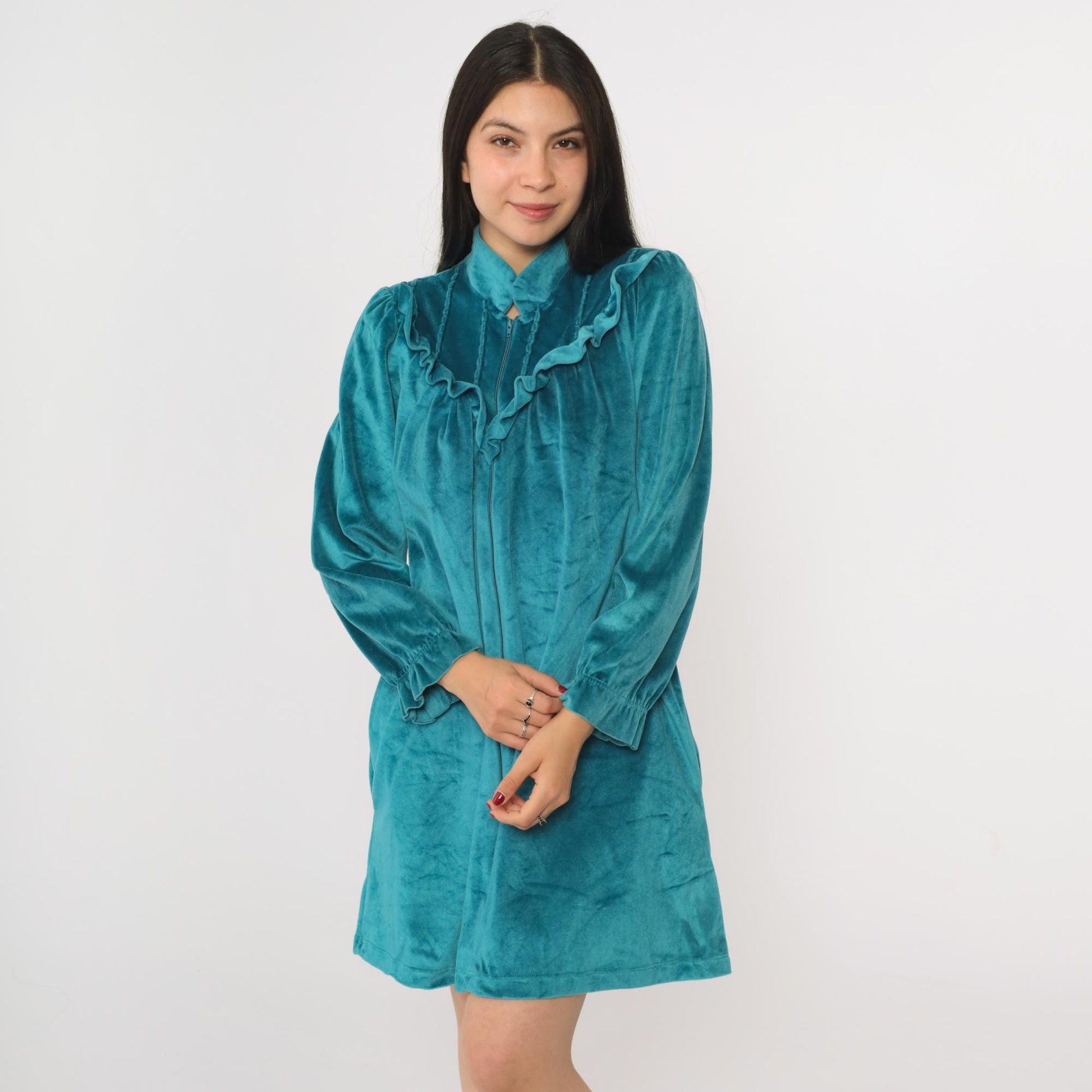 80s Lara Dee Velour Lounge Dress Teal Ruffled Yoke Zip Puff Sleeve Mini Medium