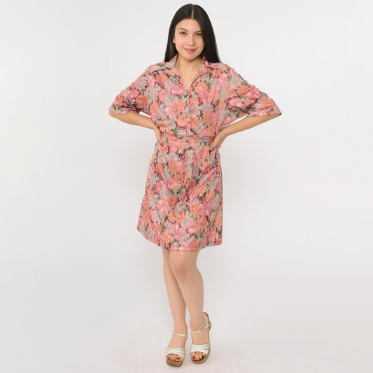 70s Pink Floral Shift Mini Dress Button-Up Half Sleeve Tie Belt Extra Large