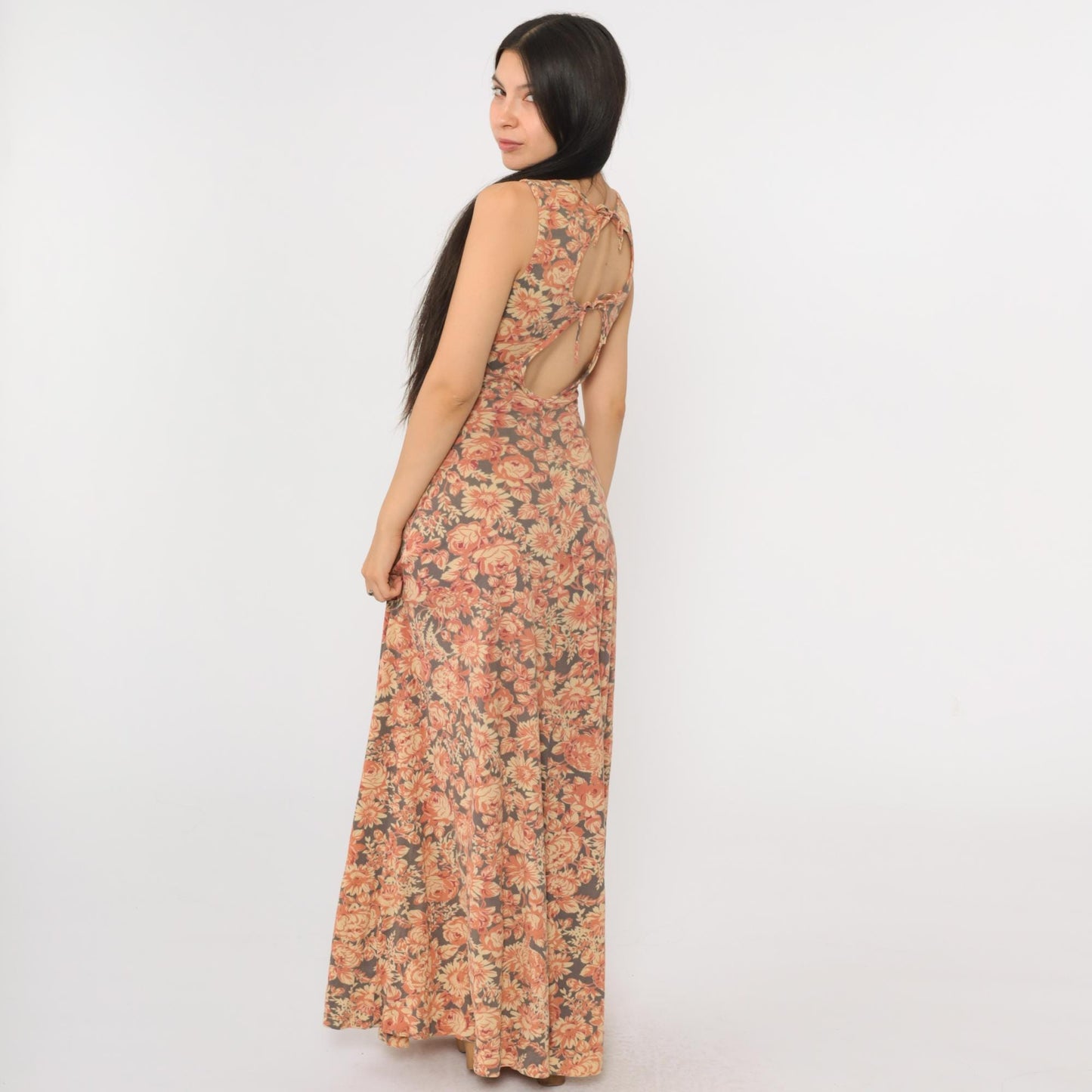 70s Floral Maxi Dress Embroidered Birds Keyhole Lace Sleeveless Grey Orange Extra Small