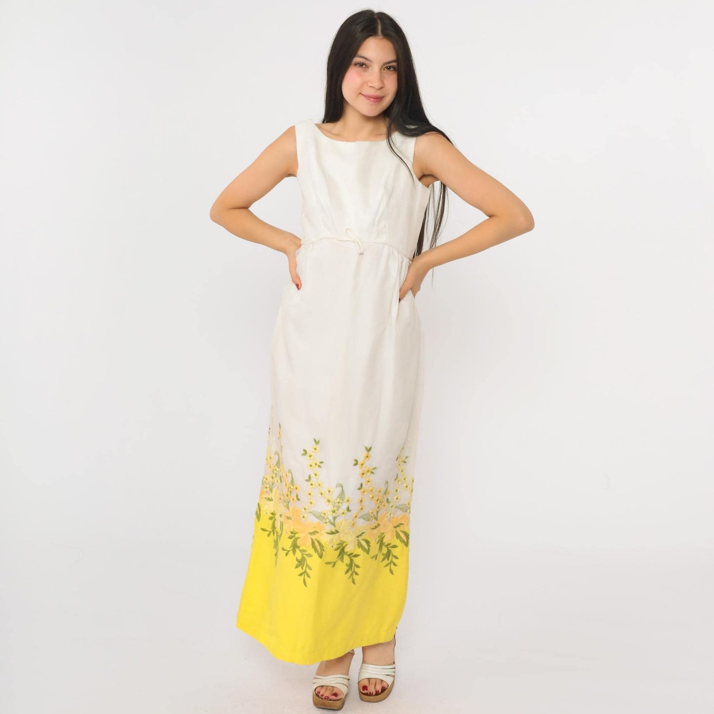 60s Franklin Simon Floral Embroidered Maxi Dress White Yellow Sleeveless Small