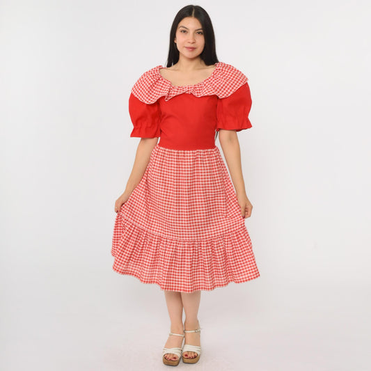 70s Red Gingham Prairie Dress Puff Sleeve Midi High Waist Medium Large